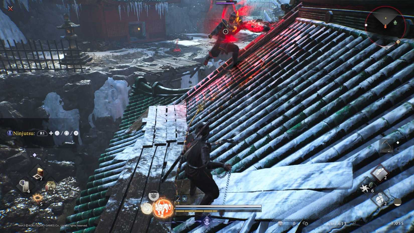 The player fighting an enemy in Nioh 3 using a burst attack.