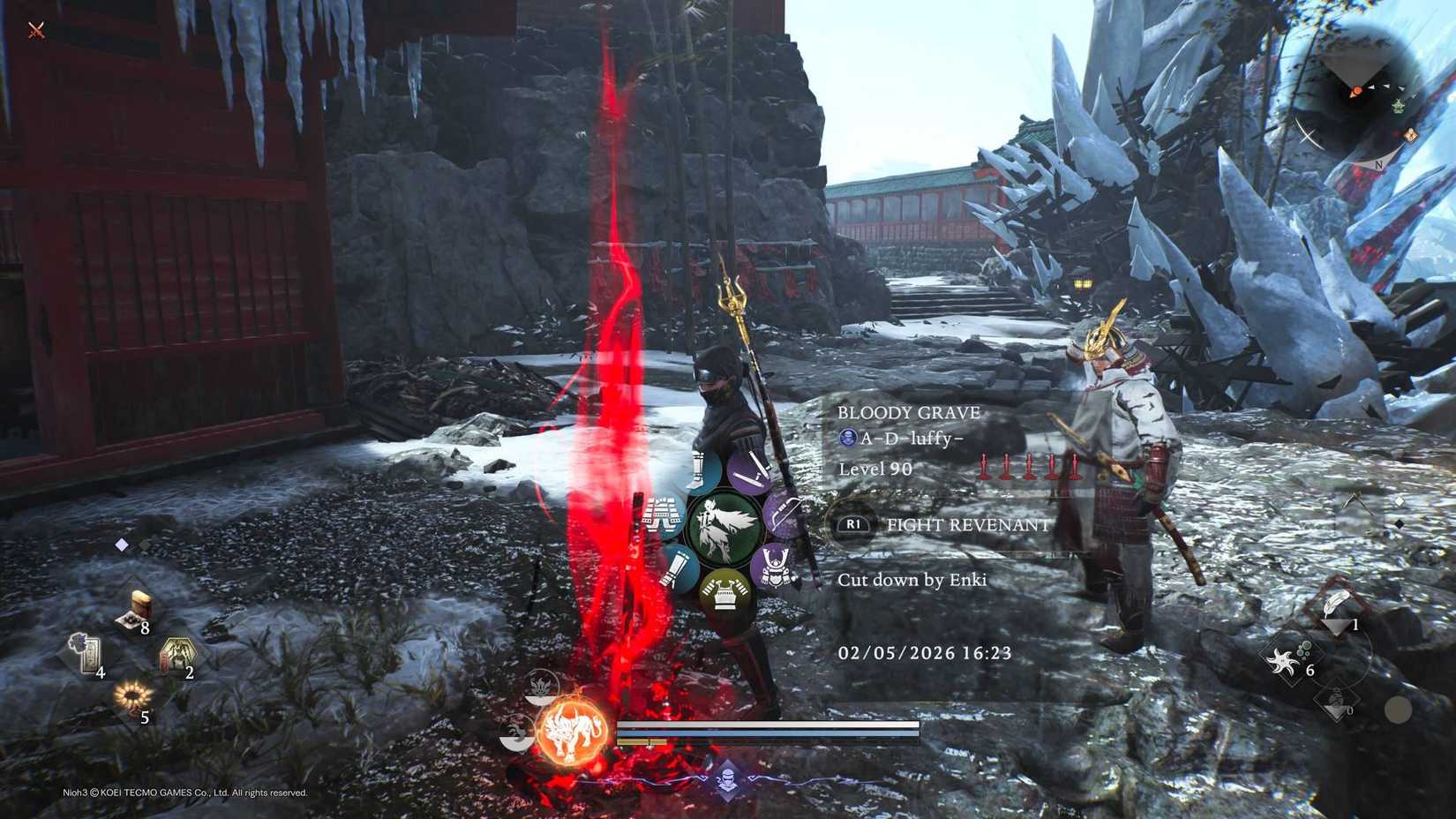 The player in Nioh 3 standing next to a bloody grave to spawn a revenant.