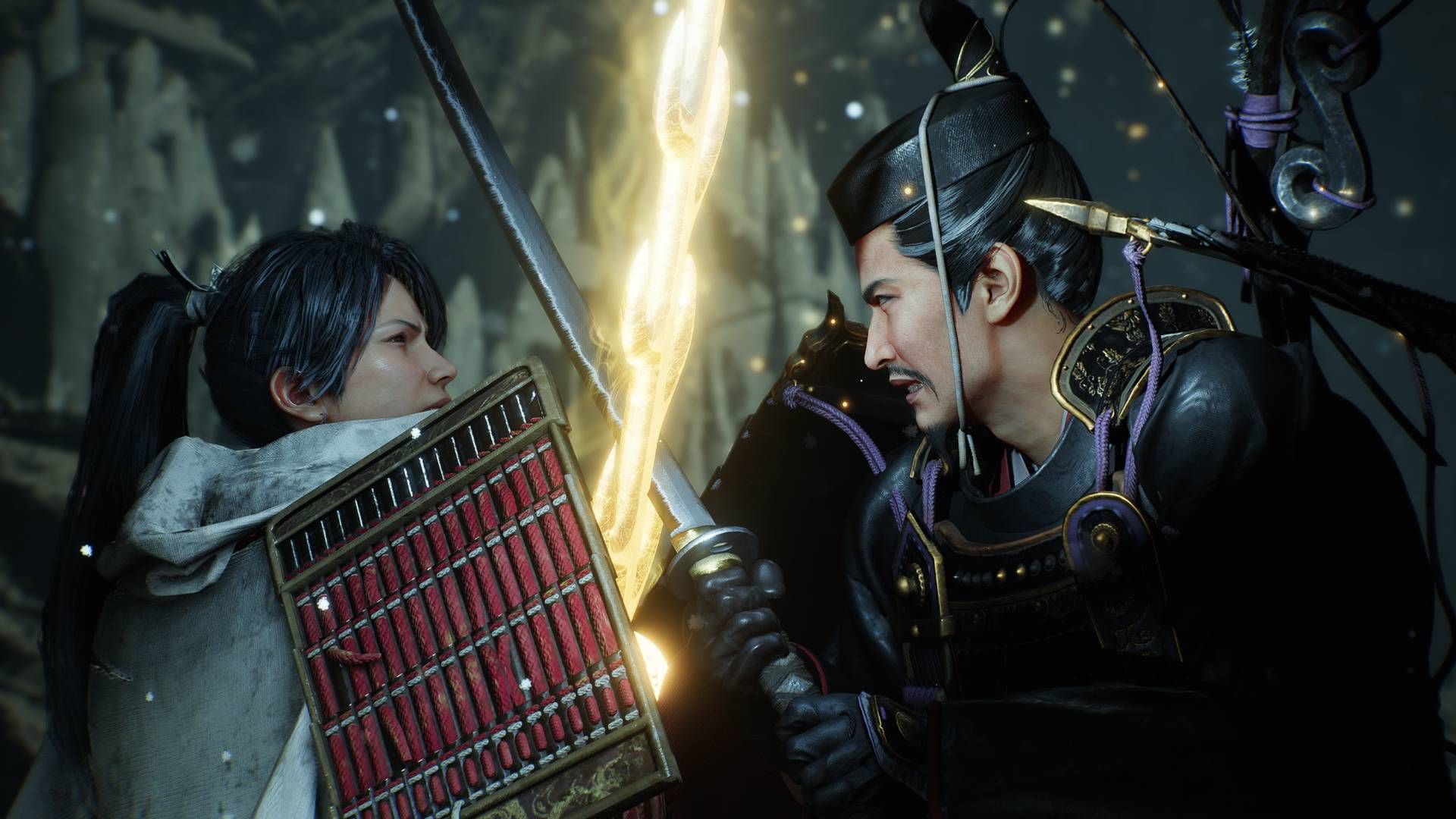 Two characters from Nioh 3 clashing swords together.