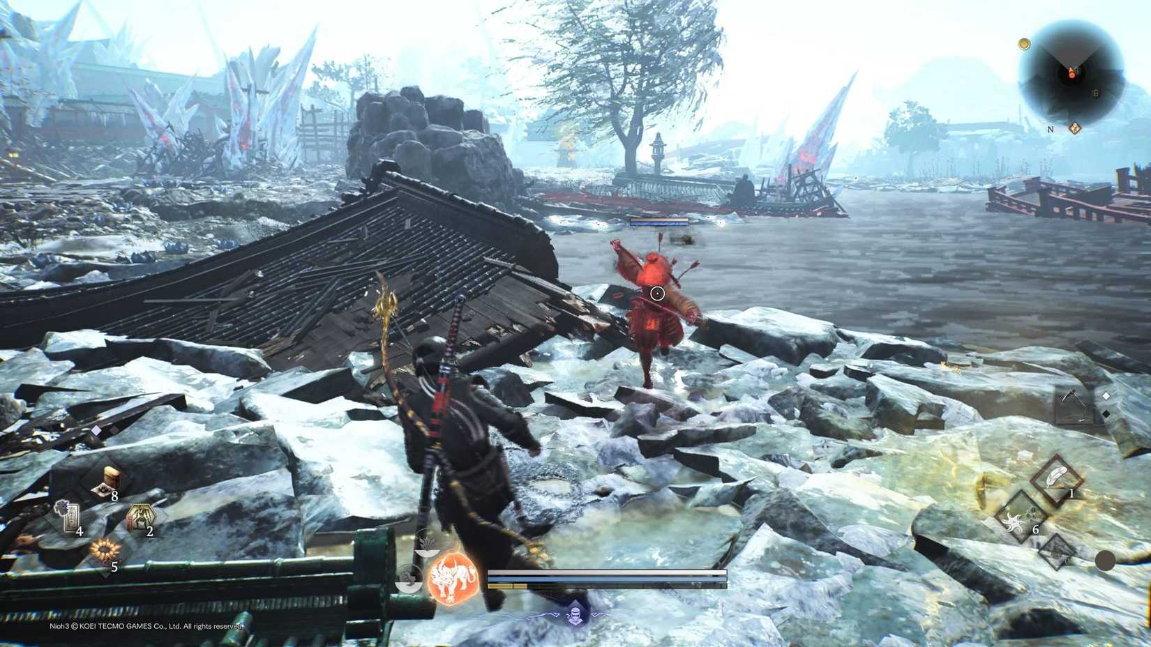 The player in Nioh 3 fighting against a revenant on icy terrain.