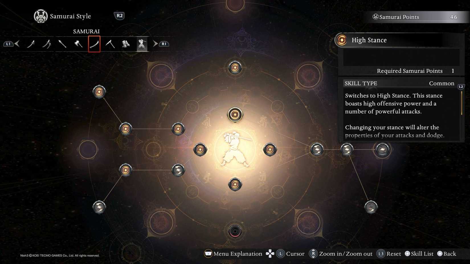 The Samurai skill tree in Nioh 3.