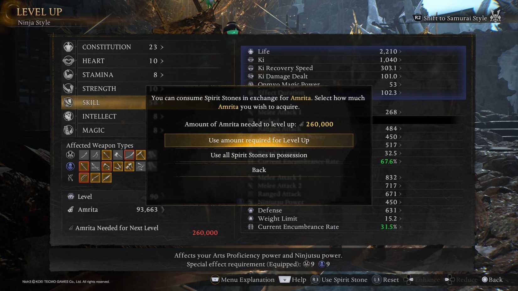 The prompt in Nioh 3 to use spirit stones to level up.