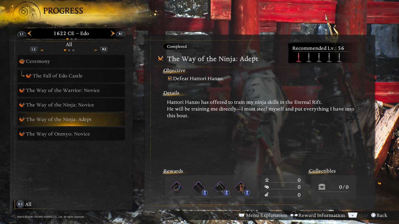 "The Way of" missions in the menu in Nioh 3.