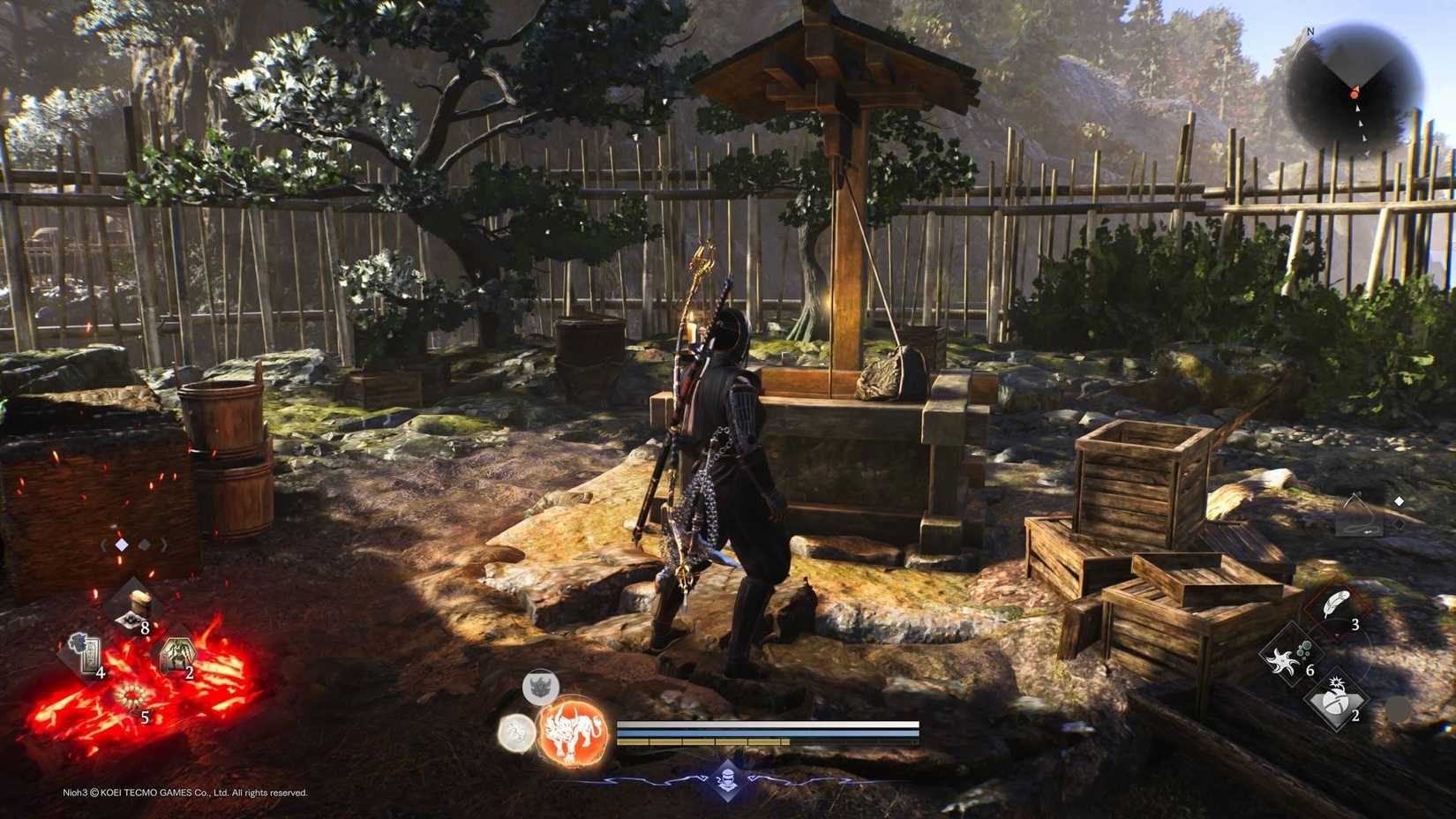 The player standing next to a well in Nioh 3.