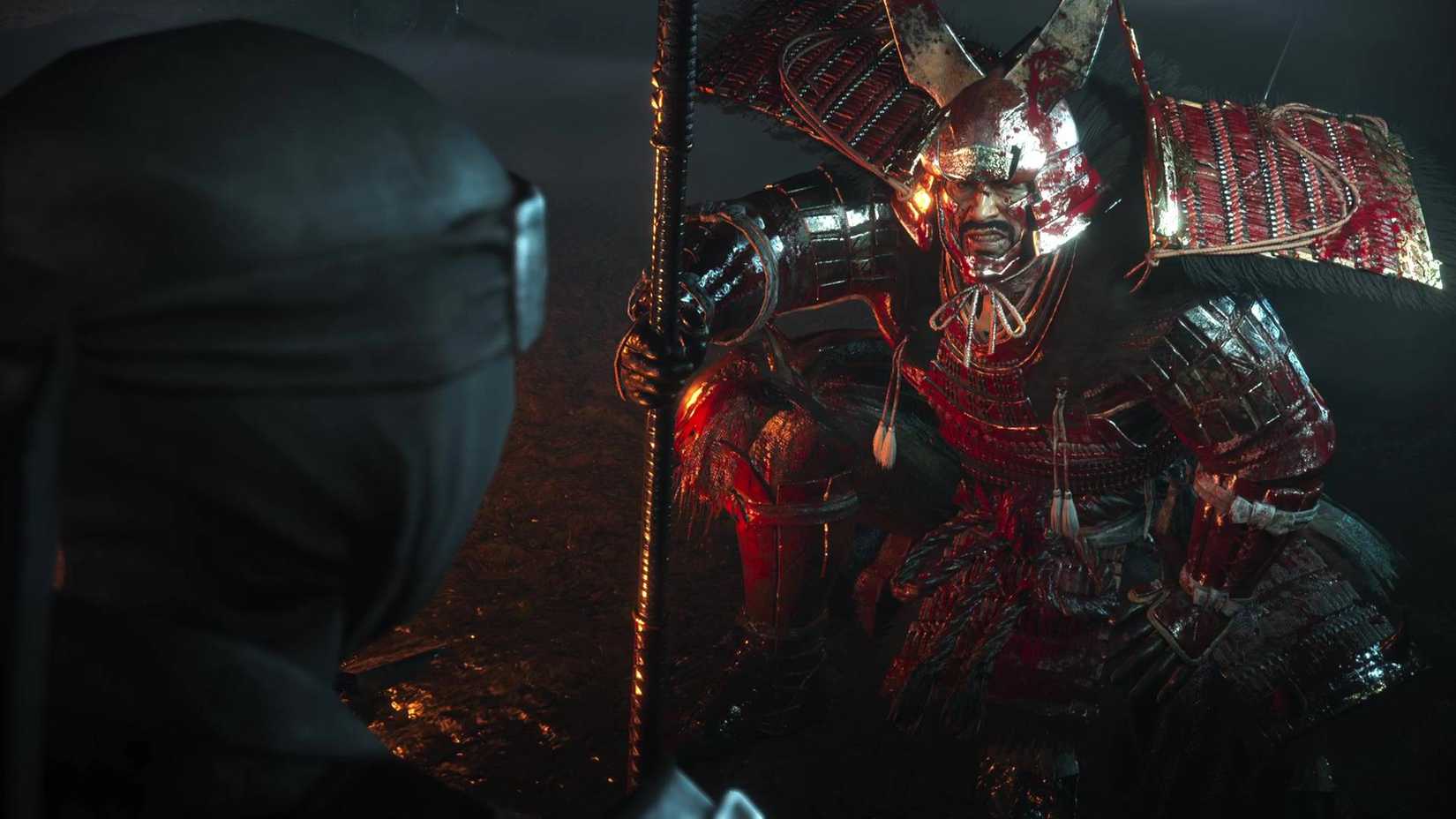 Yamagata Masakage kneeling before the player after being defeated in a cutscene in Nioh 3.