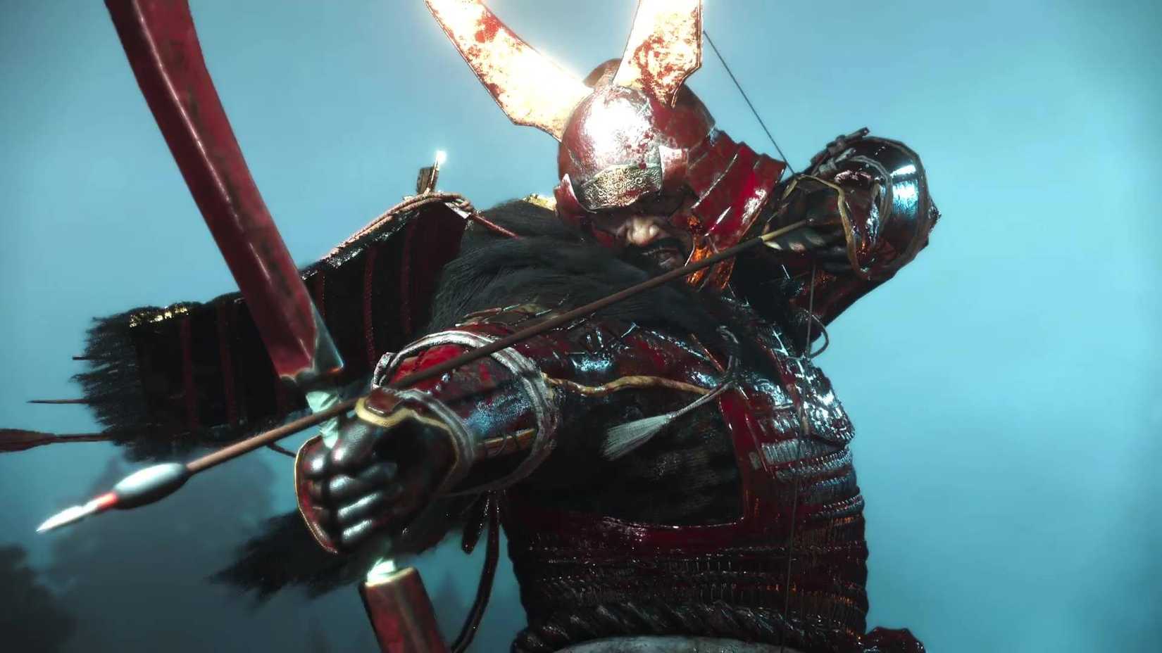 Yamagata Masakage drawing an arrow on his bow during a cutscene in Nioh 3.