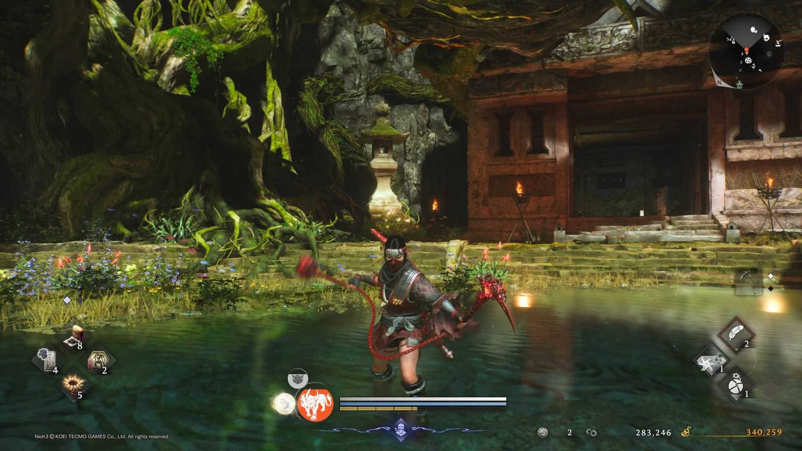 The player in Nioh 3 wielding a Kusarigama.