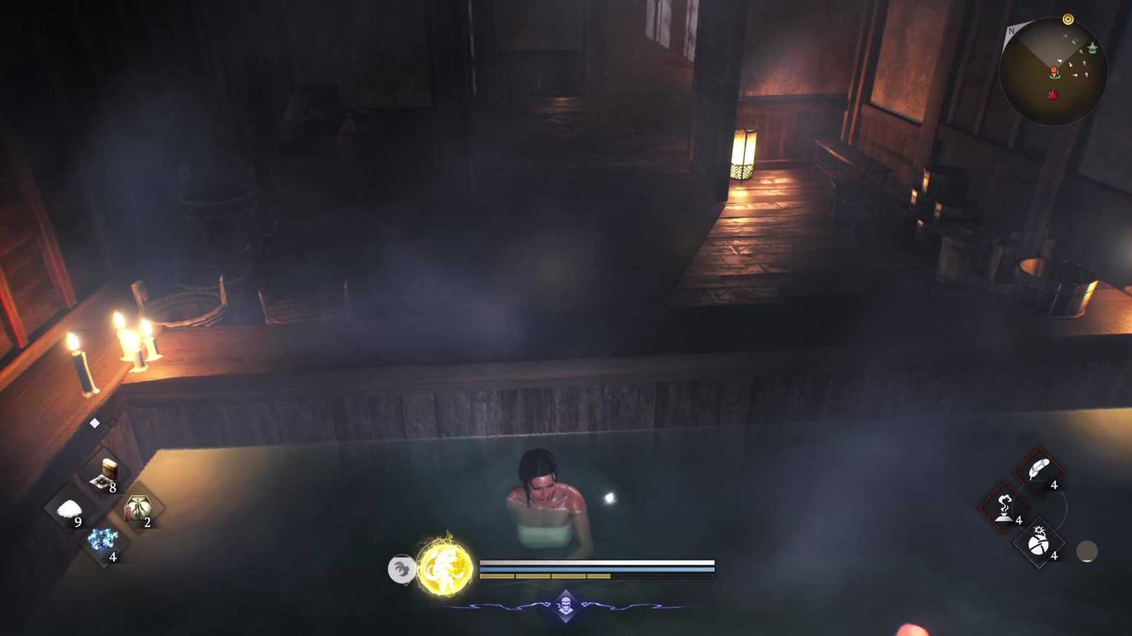 The player in Nioh 3 relaxing in a Hot Spring.