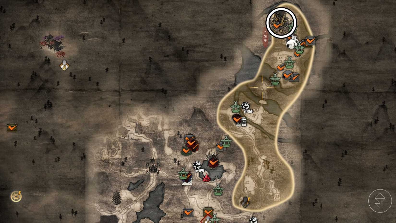 A Nioh 3 screenshot showing on the in-game map where the Baba Nobuharu boss is located. Players can find the place by following the main quest "The Battle of Futamata Castle."