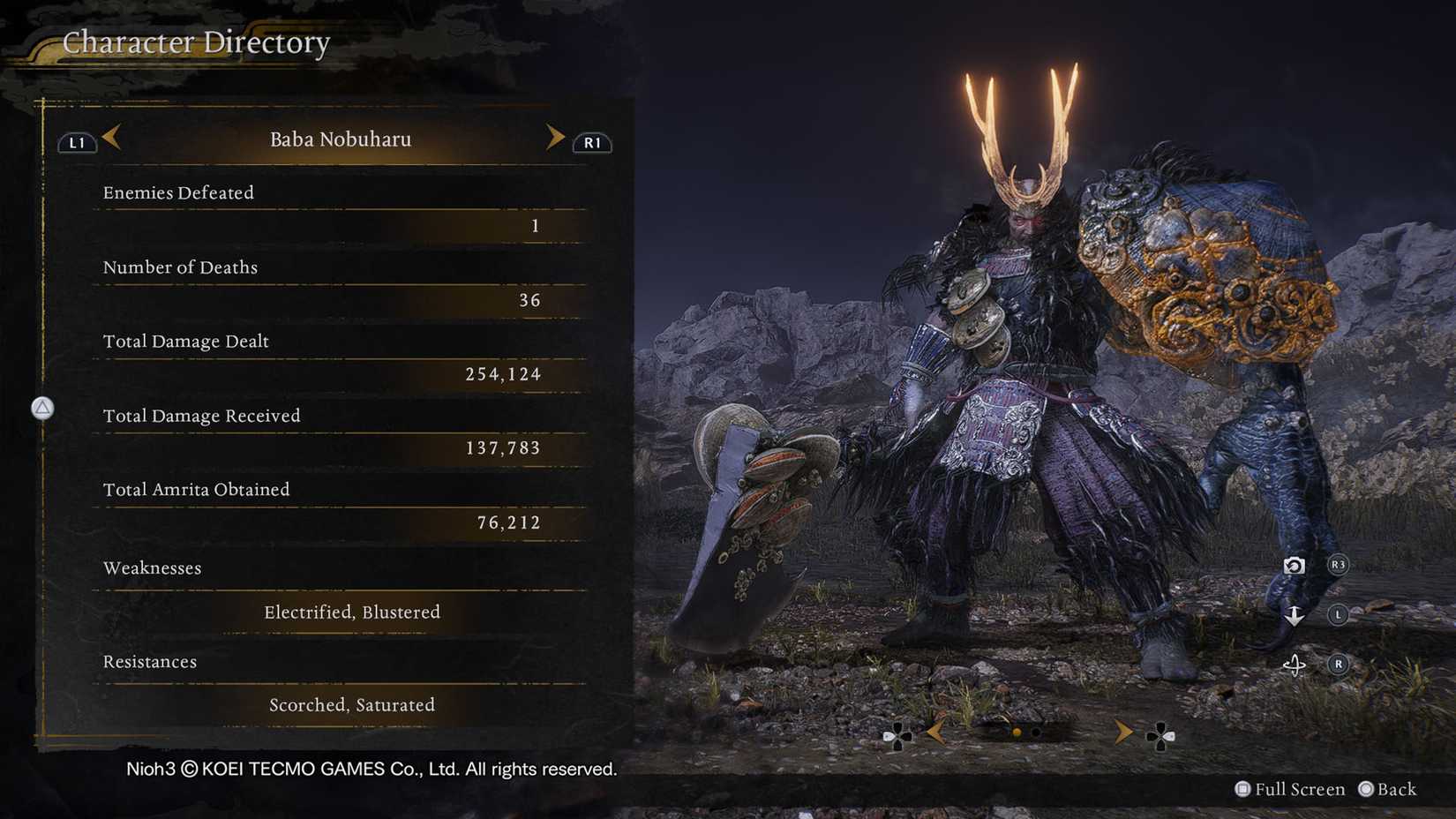 A Nioh 3 screenshot showing Baba Nobuharu stats