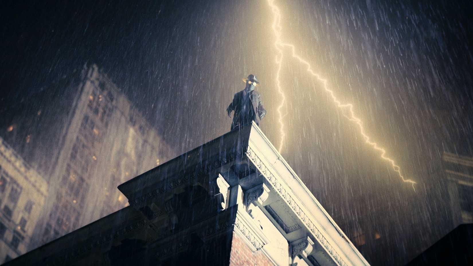 The Spider (Nic Cage) stands on a rooftop with lighting forking behind him in Spider-Noir