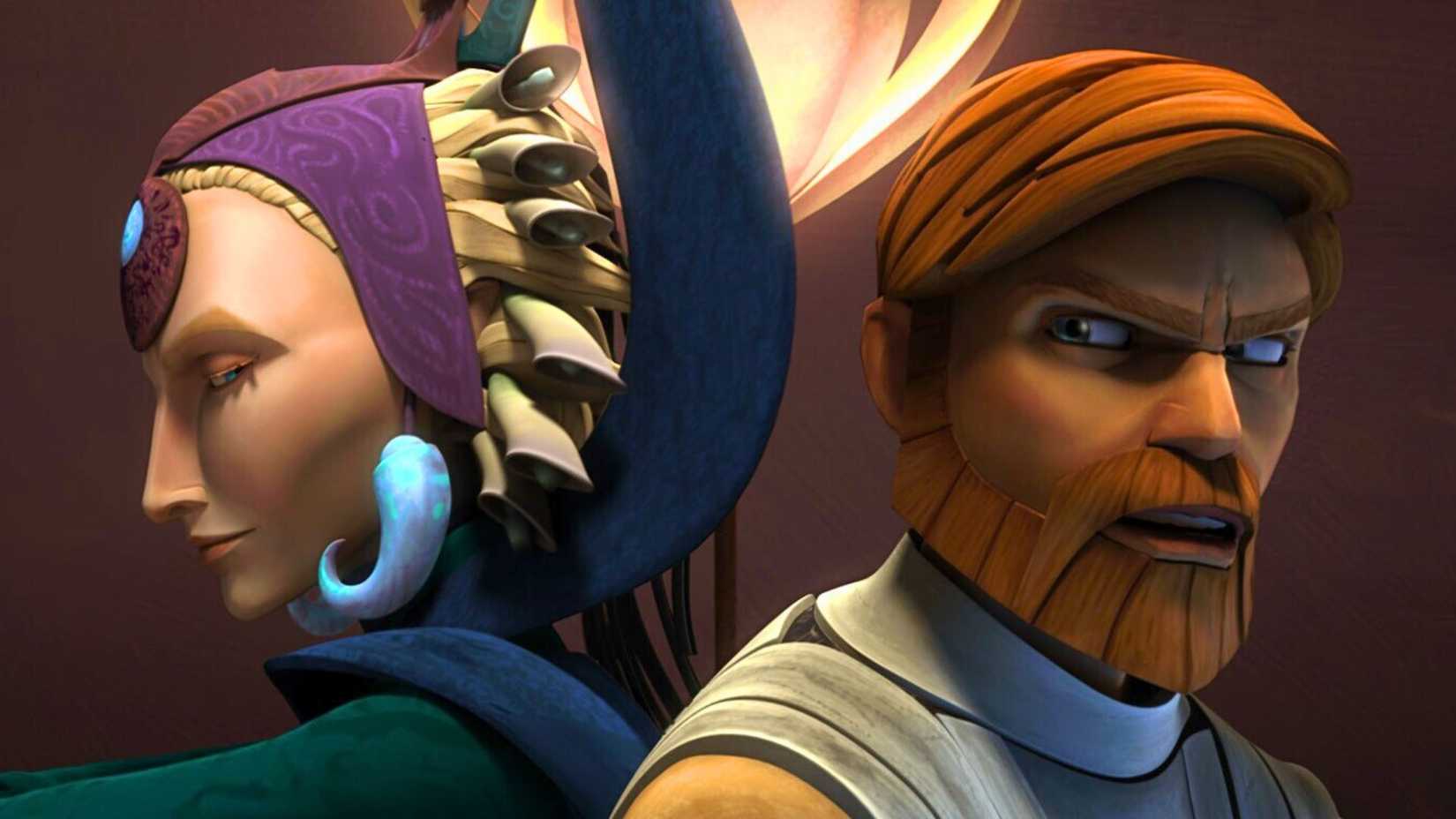 An image of Obi-Wan Kenobi and Satine Kryze from Star Wars: The Clone Wars. Satine is a blonde haired woman, wearing blue regalia and horn-like earrings. She stands back to back with Obi-Wan, who has short reddish hair and a beard. He's dressed in Jedi clothing. They are both animated.