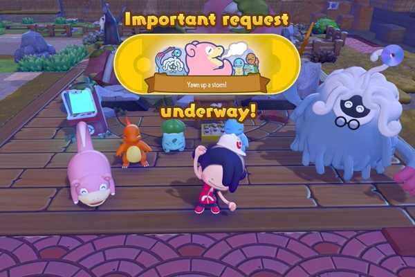 A Ditto shaped as a trainer cheers with Pokémon as they start the