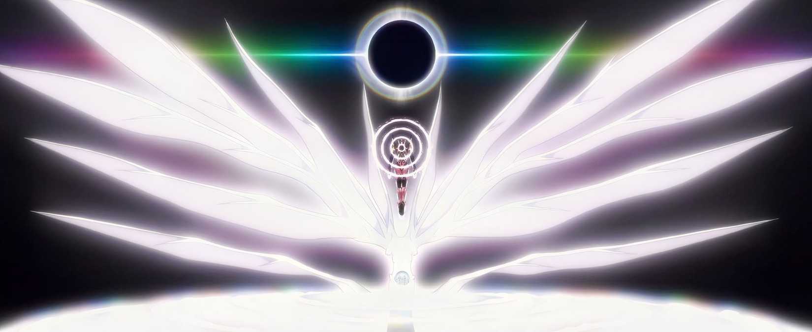 A figure hovers mid-air while being flanked by two giant wings and a point of singularity in Evangelion 1.0+3.0: Thrice Upon a Time