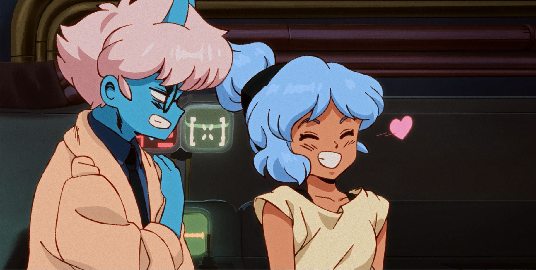 The two main characters in Orbitals, an upcoming Switch 2 exclusive releasing in summer 2026. One is a young woman with blue hair, and the other is a horned azure alien. Both are smiling. 