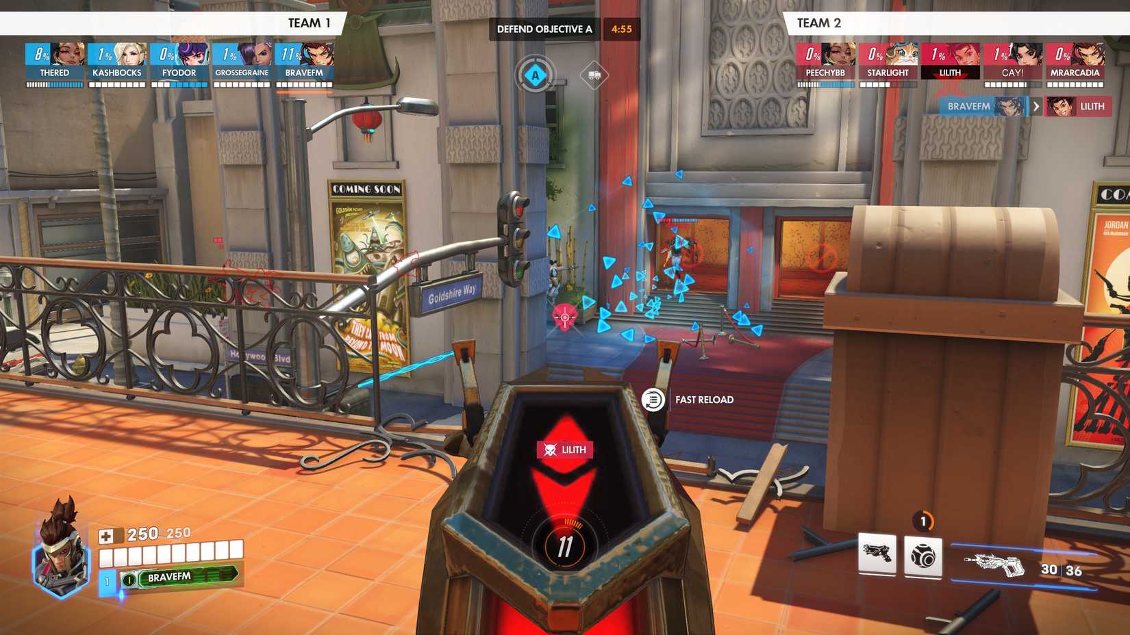 Emre eliminating an enemy on Overwatch's Hollywood map, after damaging them with a grenade