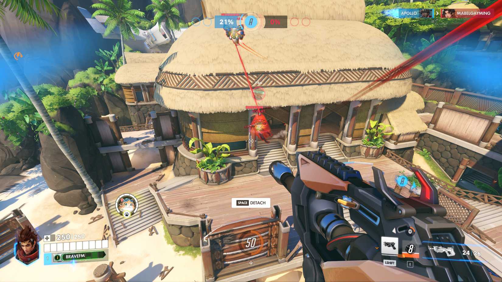 Emre tethered to Jetpack Cat in Overwatch, aiming at a Mizuki (also tethered by Jetpack Cat)