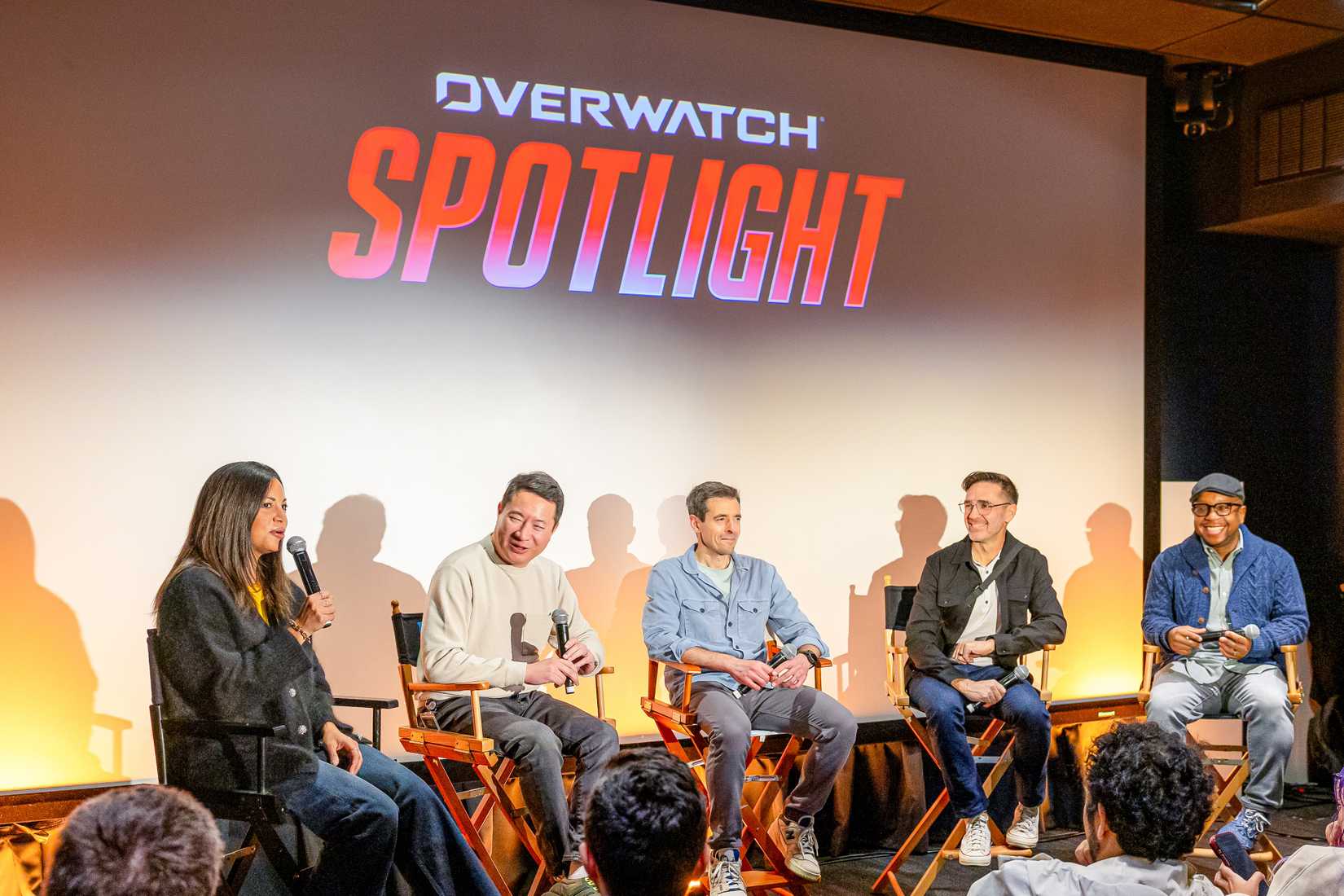A photo from the Overwatch Spotlight press conference featuring Blizzard employees