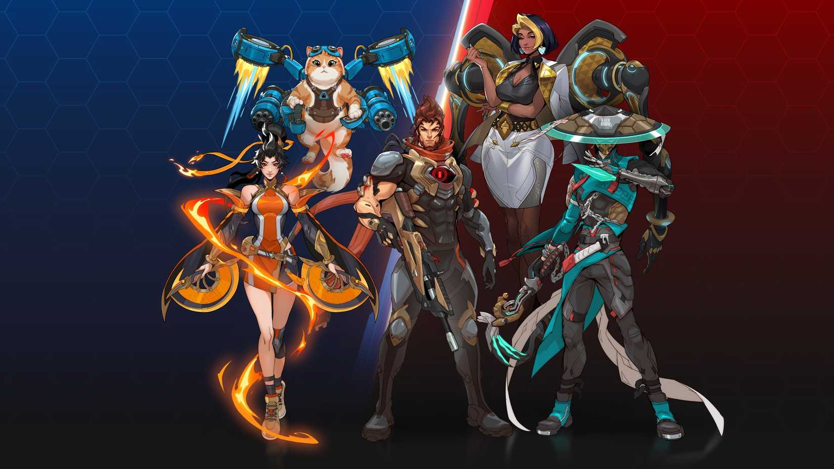 Overwatch 2026 season 1 hero lineup featuring artwork for Anran, Jetpack Cat, Emre, Domina, and Mizuki