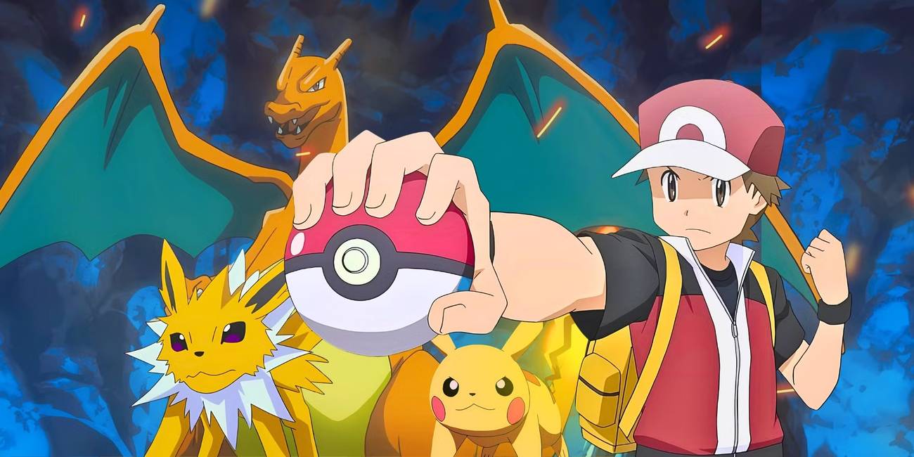 Red from the Pokémon anime with a Jolteon, Charizard, and Pikachu