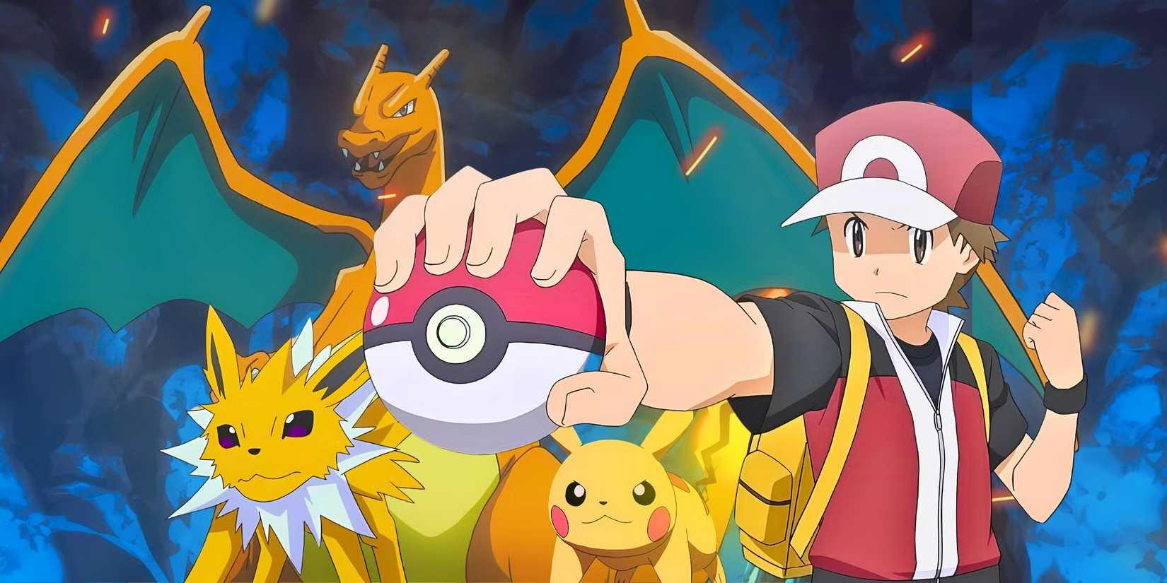 Red from the Pokémon anime with a Jolteon, Charizard, and Pikachu