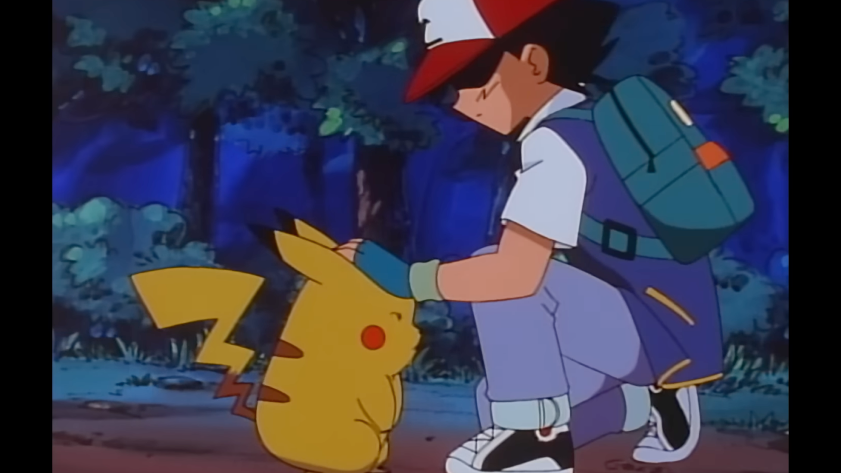 Ash pats Pikachu on the head, preparing to part ways permanently. They both look pretty sad about it.