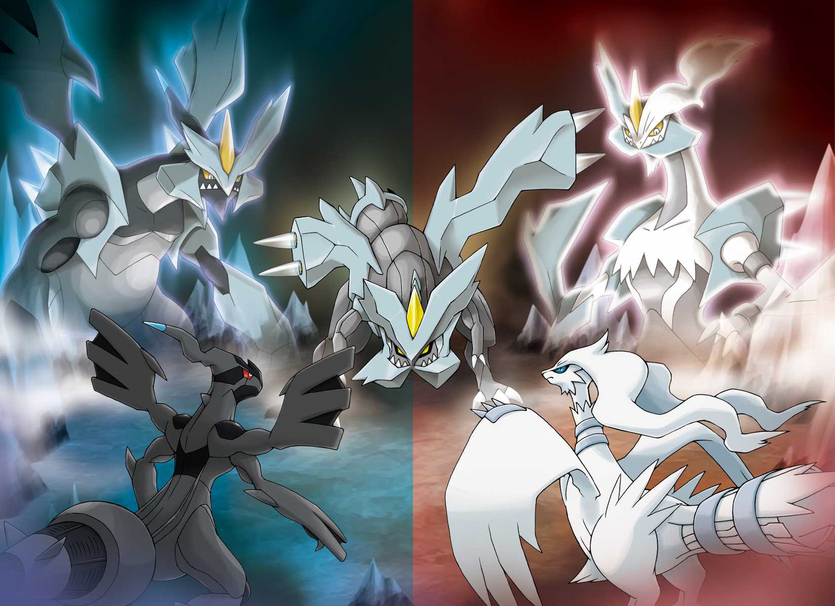 Reshiram and Zekrom featured in Pokémon Black and White key art.
