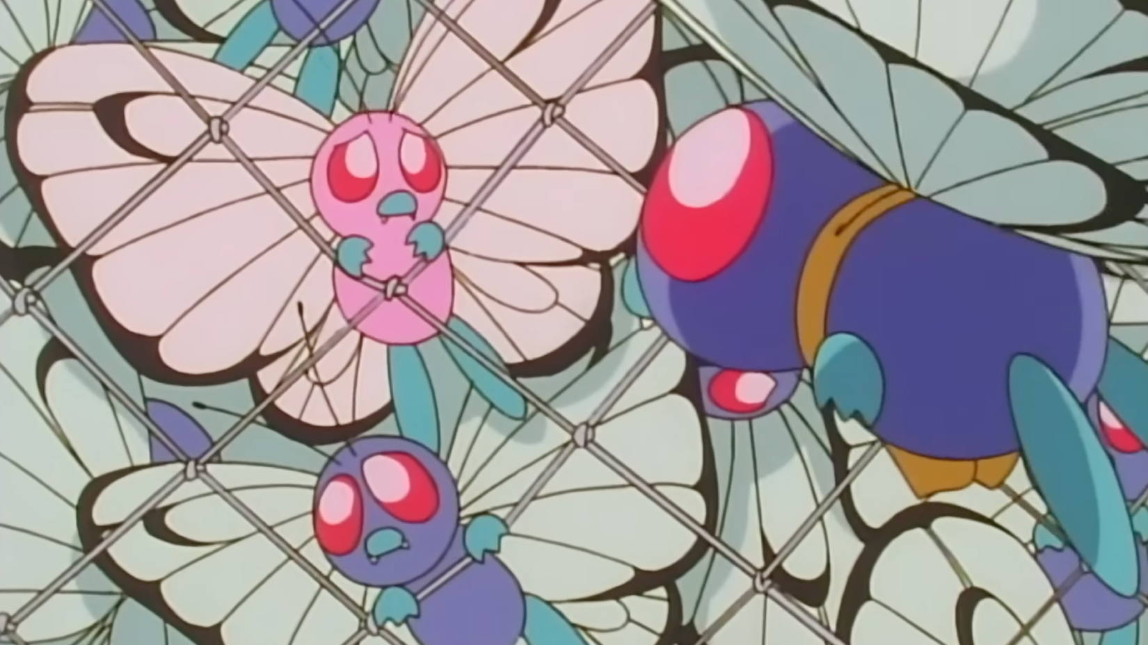A group of Butterfree all trapped inside a net. In the foreground is a pink Butterfree, the one Ash's Butterfree has fallen for.