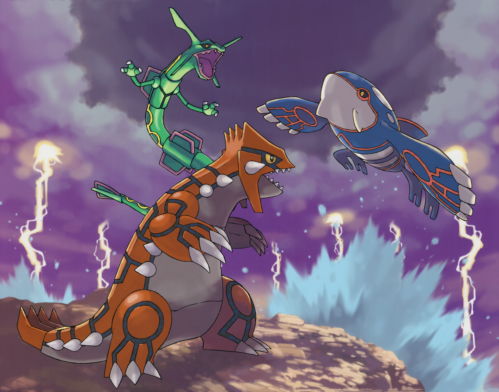 Rayquaza presiding over Groudon and Kyogre in Emerald artwork.