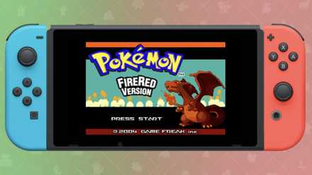 The Game Boy Advance title Pokemon FireRed being played on a Nintendo Switch against a green and red gradient background