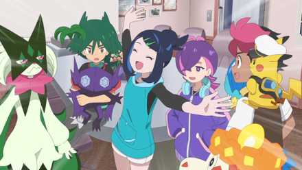 The cast of Pokemon Horizons Season 3 in a room with their respective starters