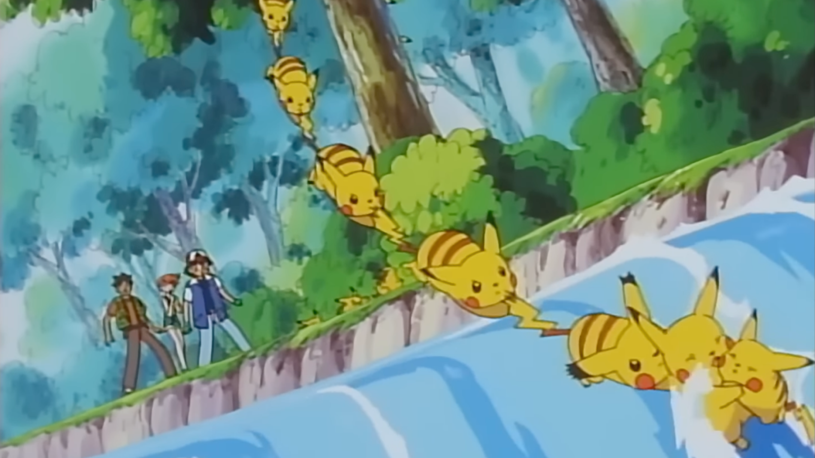 A group of wild Pikachu form a rope to rescue another wild Pikachu (and Ash's Pikachu) from a waterfall.