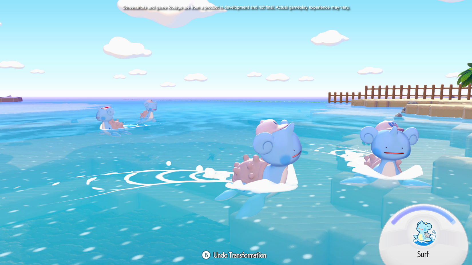 Four Laprases swim in the water in Pokemon Pokopia.