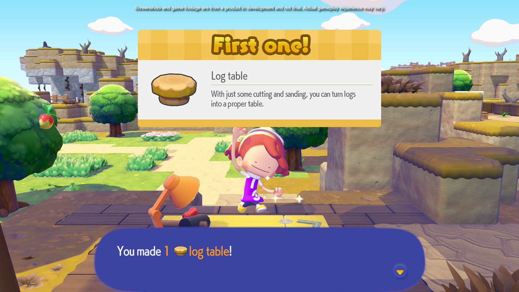 A player crafts a log table at a crafting bench in Pokemon Pokopia.