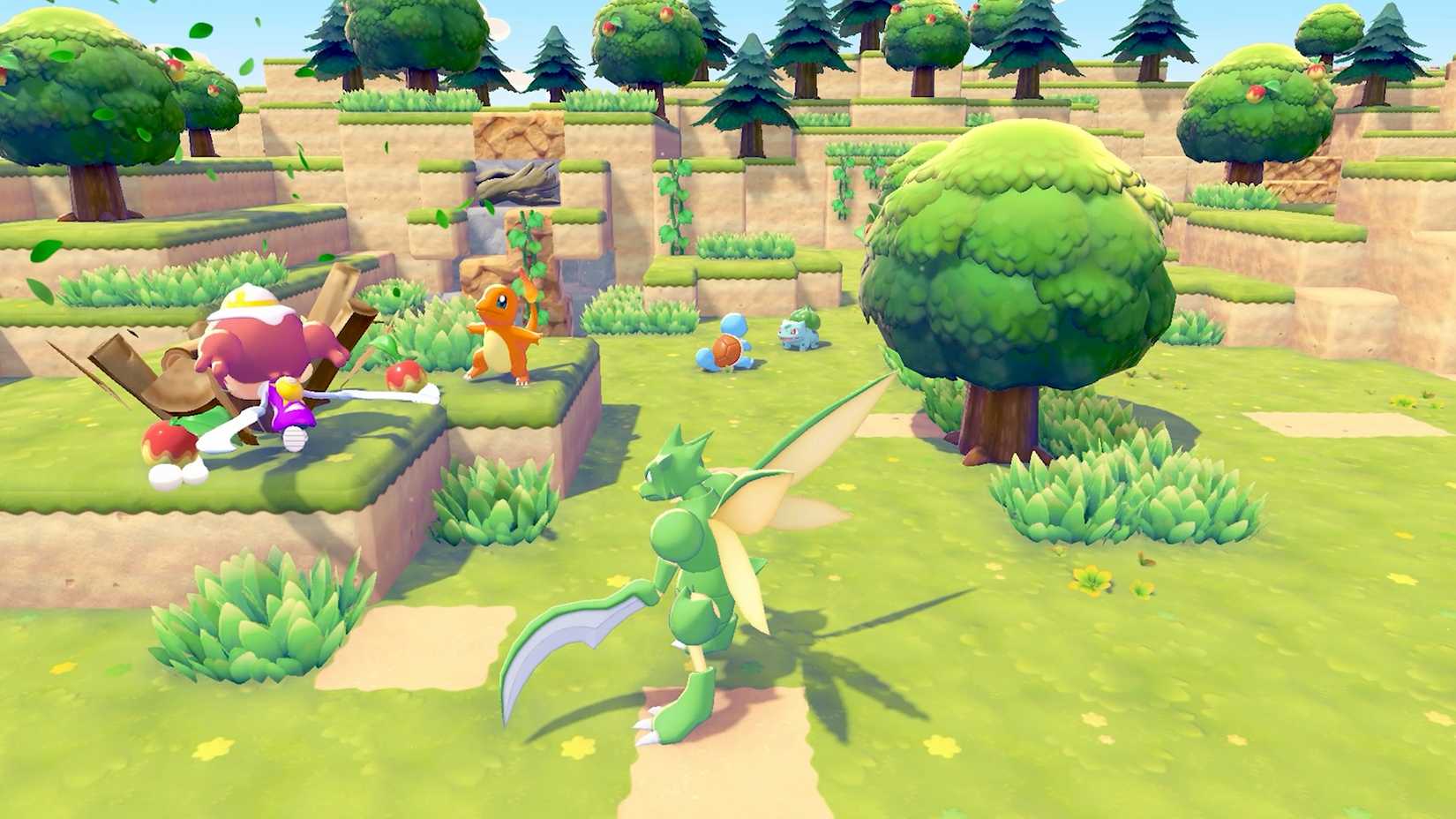 Pokemon stand around in a field in Pokemon Pokopia.