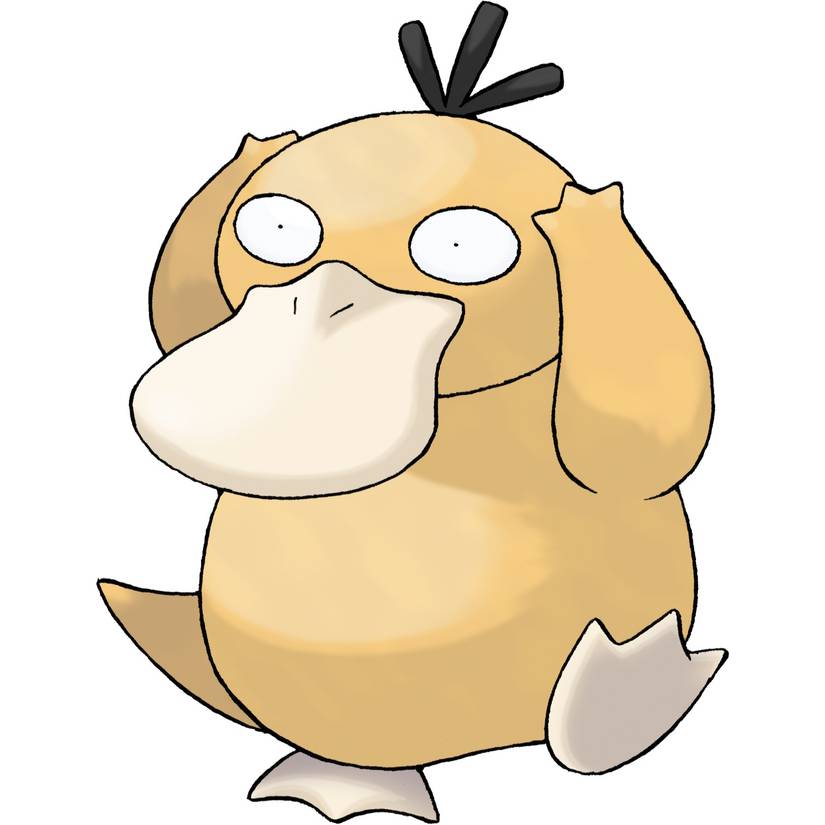 Psyduck in Pokemon Firered, a round duck-like Pokemon with a large yellow beak and three tufts of hair. It's holding its head and looking confused