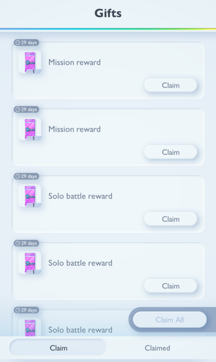 A gifts screen in Pokemon Trading Card Game Pocket shows several unclaimed solo battle rewards.