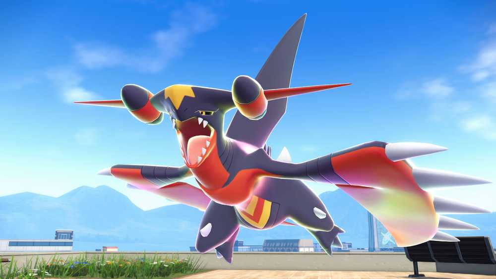 Mega Garchomp Z voando em uma captura de tela de Pokémon Legends ZA Mega Dimension