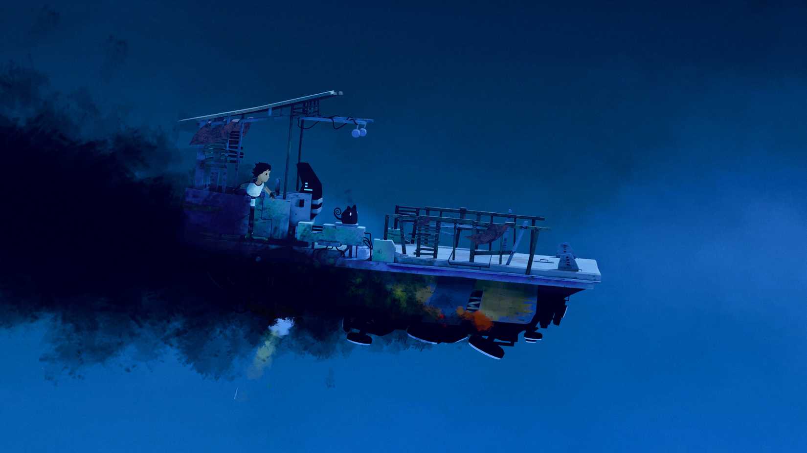 Lana and the catlike creature Mui stand on a ramshackle skyship that is venting black smoke in Planet of Lana 2