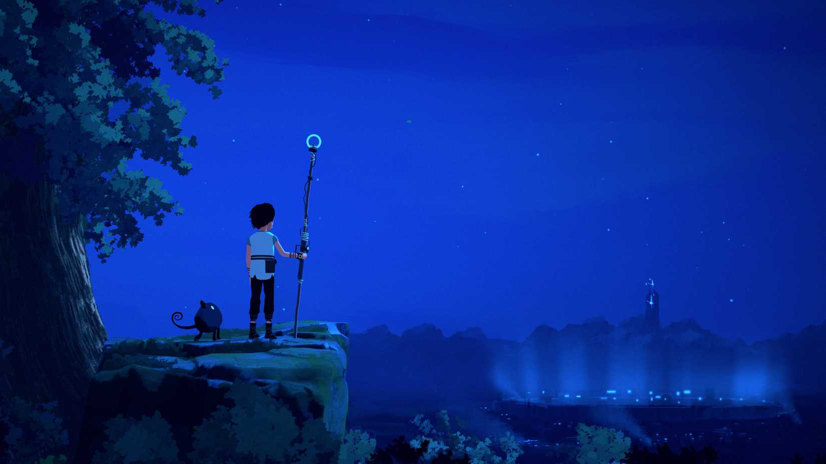 Lana holds a glowing staff and stands on a vista overlooking an illuminated city in Planet of Lana 2