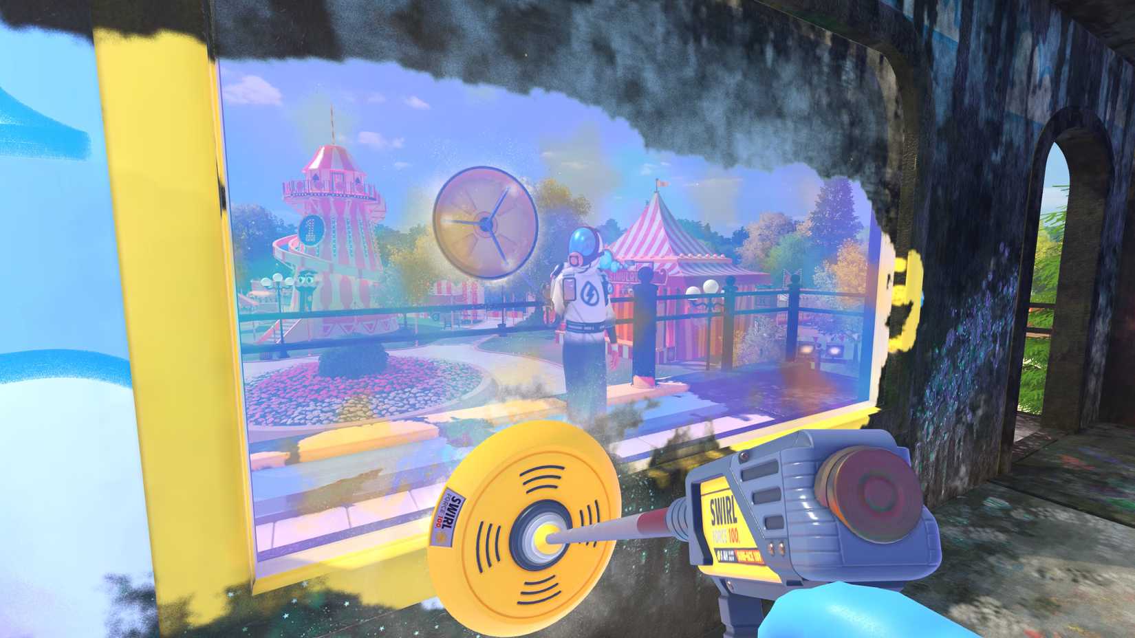 The player cleans a dirty wall in Powerwash Simulator