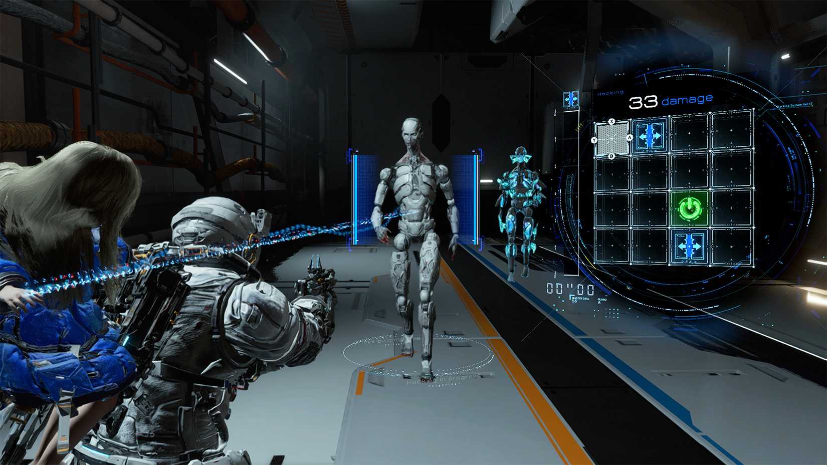 Hugh shoots a robot in Pragmata on Switch 2