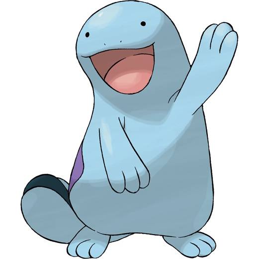 Quagsire in Pokemon Firered, an amorphous blue bipedal creature with a large round head, two black pinpoints for eyes, and fin-shaped hands