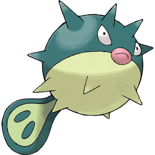 Qwilfish in Pokemon Firered, a round two-tone (dark green and yellow-green) fish with spikes and an angry little pink mouth