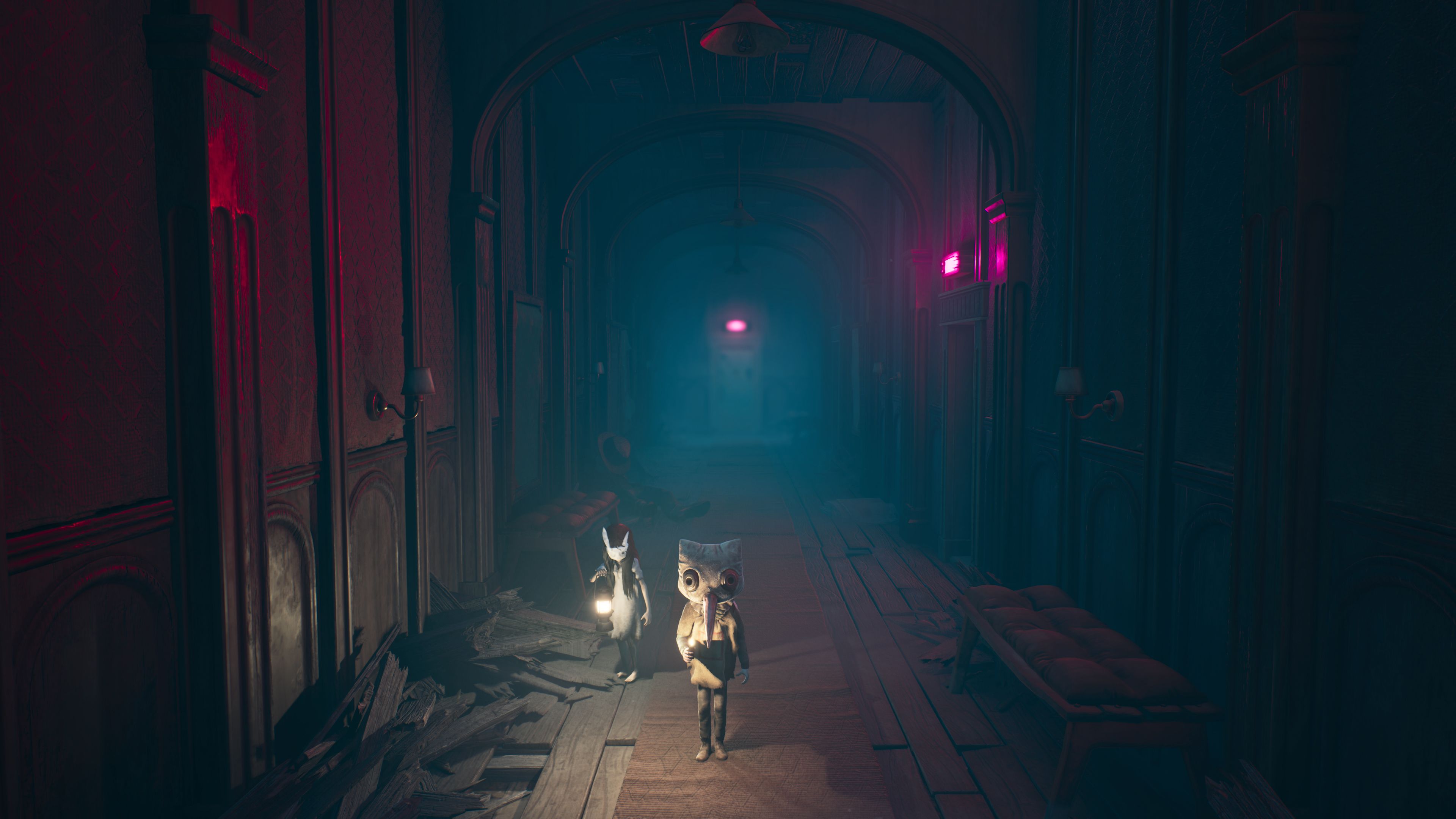 The two siblings move through a dimly lit corridor, their designs reflecting the world's muted palette.