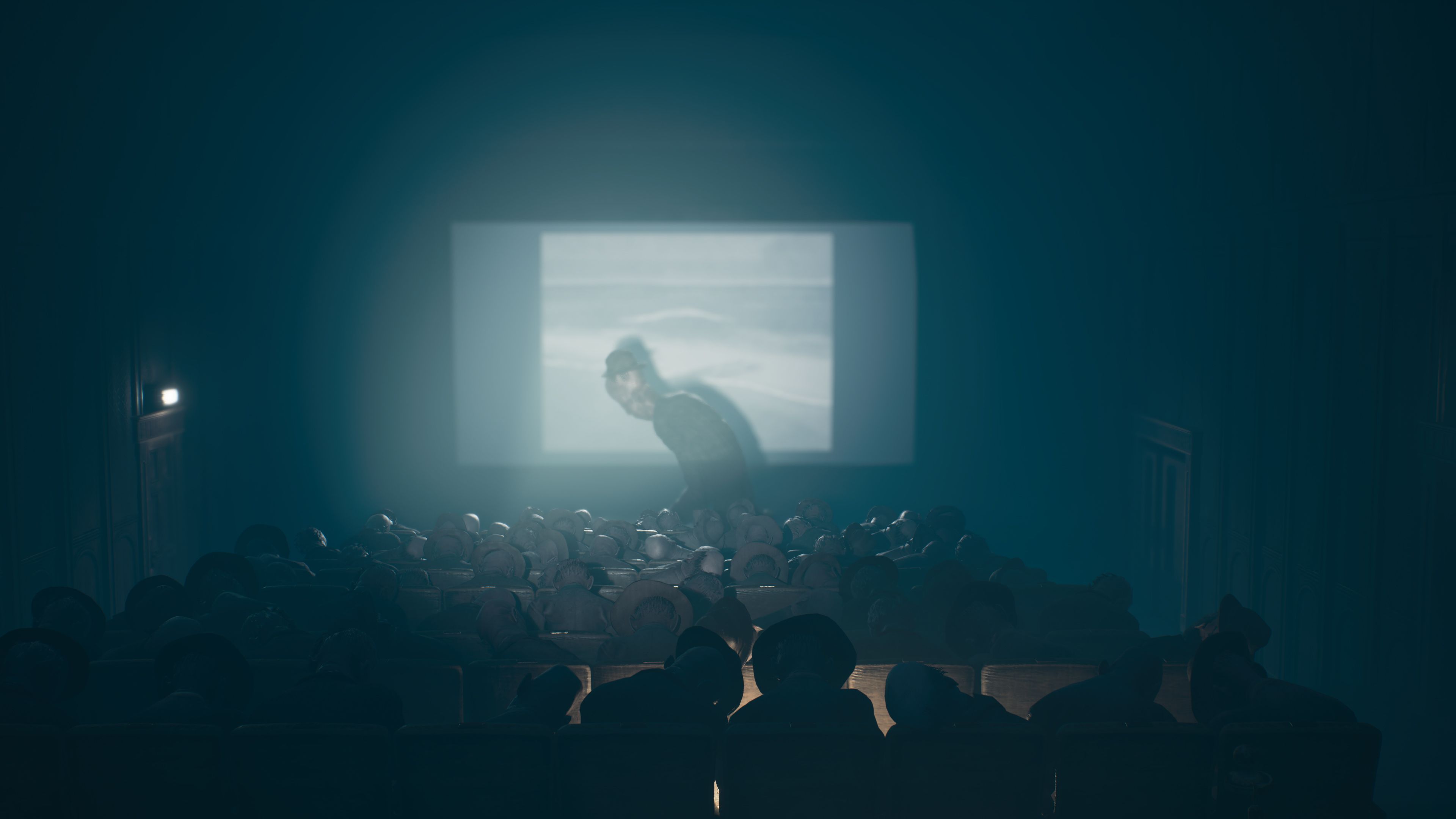 A towering creature stalks through a dilapidated cinema, illustrating the scale enabled by the new camera system.