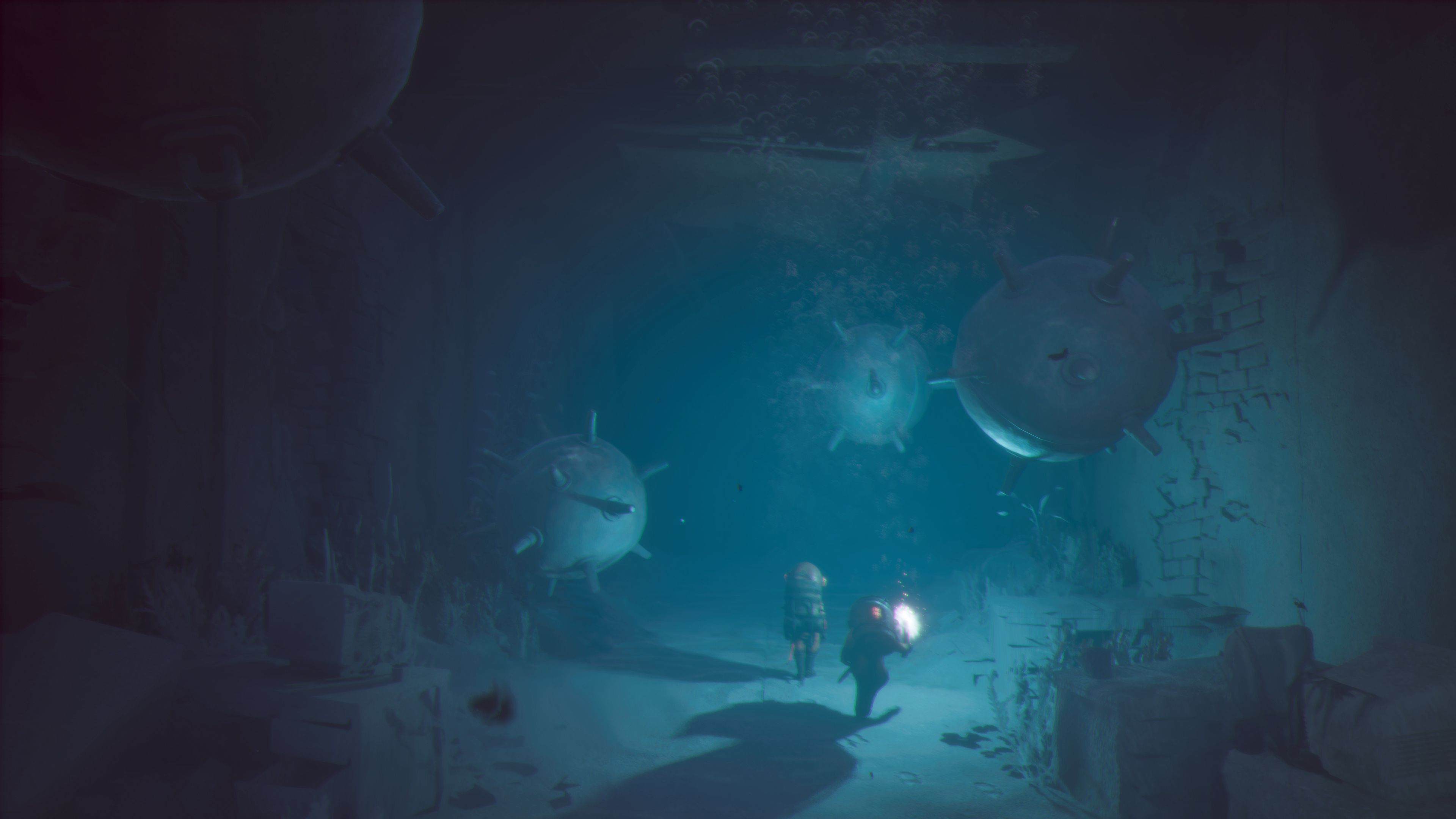 The protagonists utilizing diving gear to navigate a submerged environment.