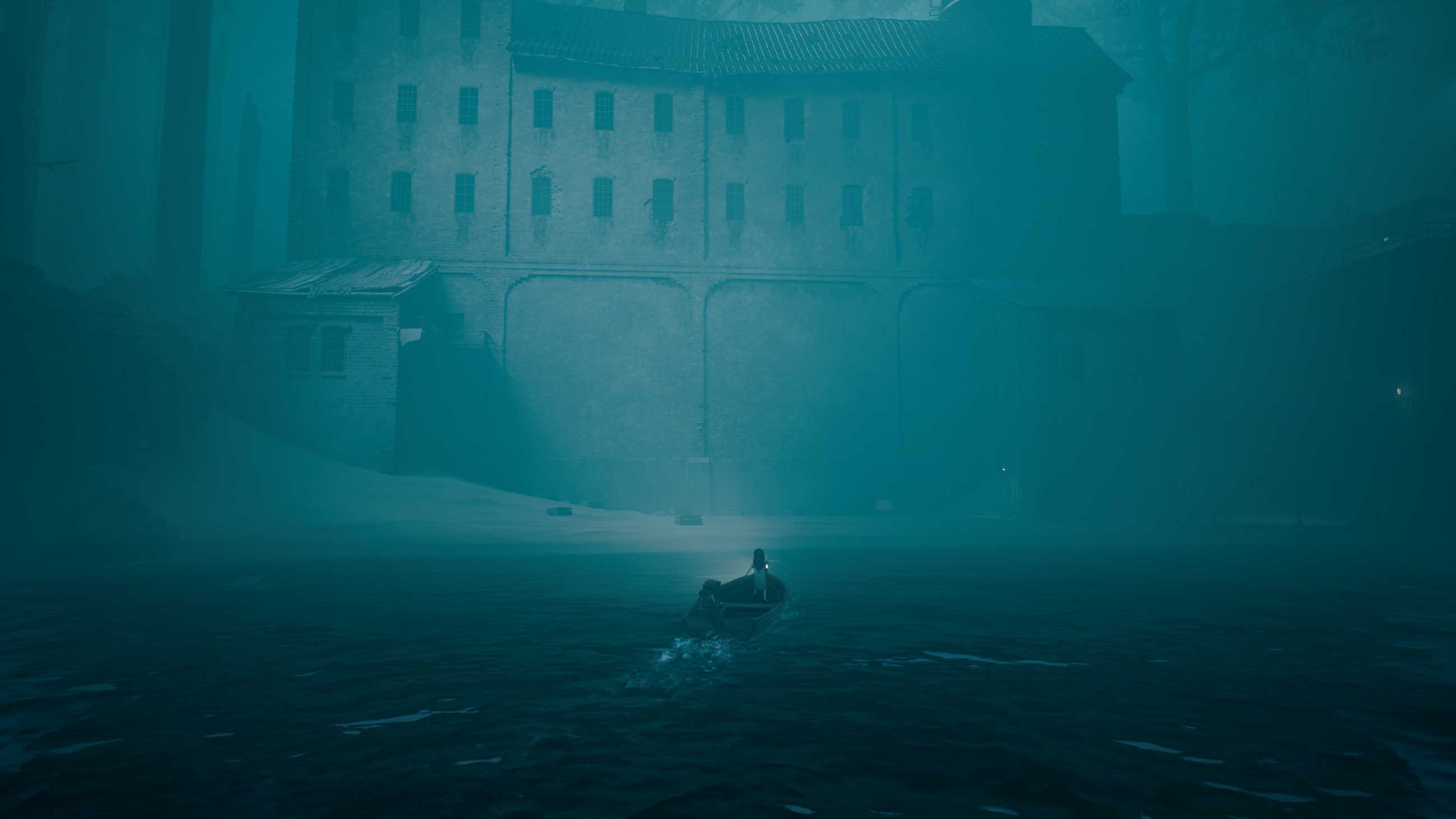 Reanimal's protagonists use a boat to approach a scary mansion.