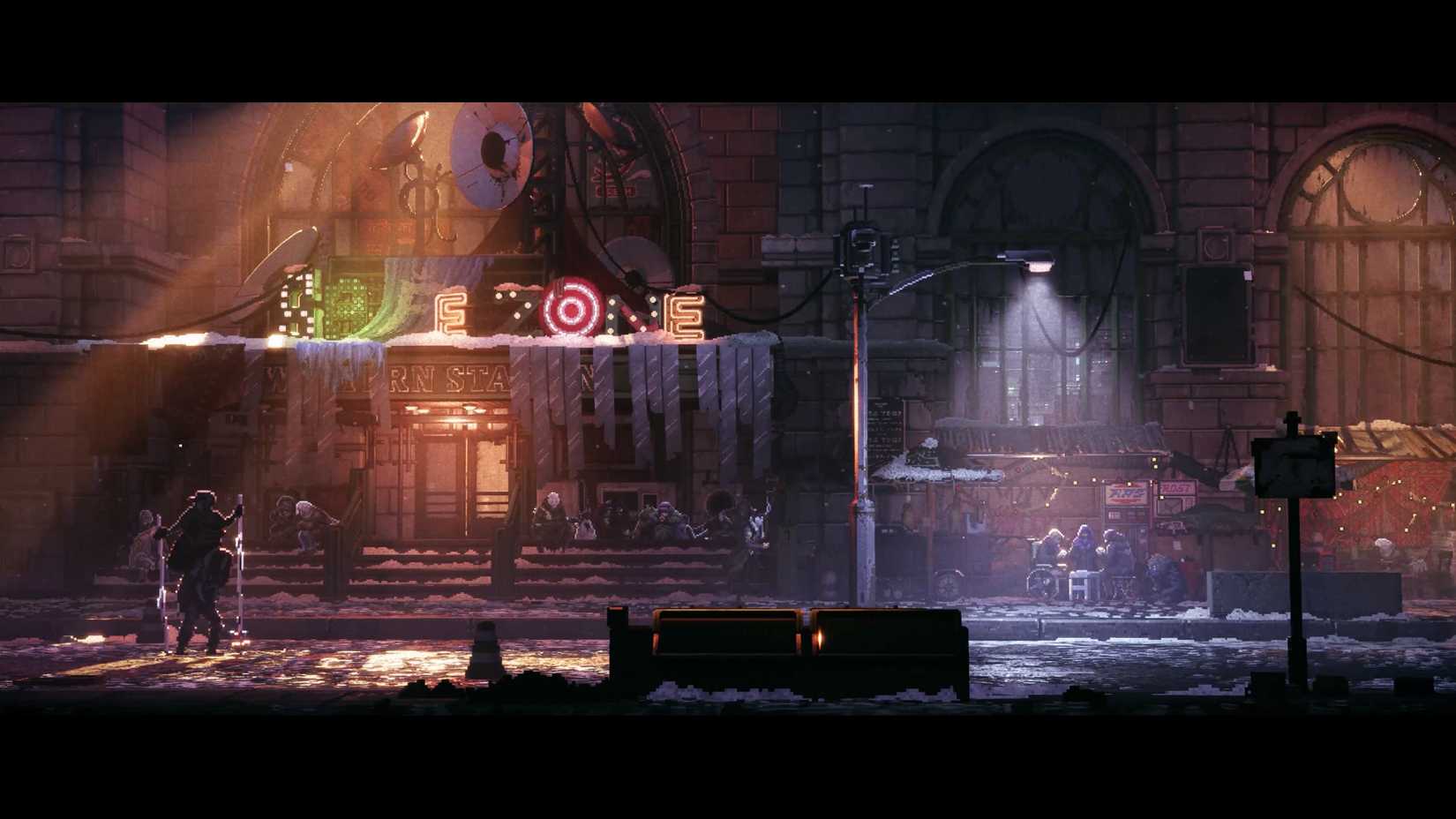 Mismatched neon letters spell Game Zone in a snowy exterior of a bleak town populated by people huddled around in Replaced