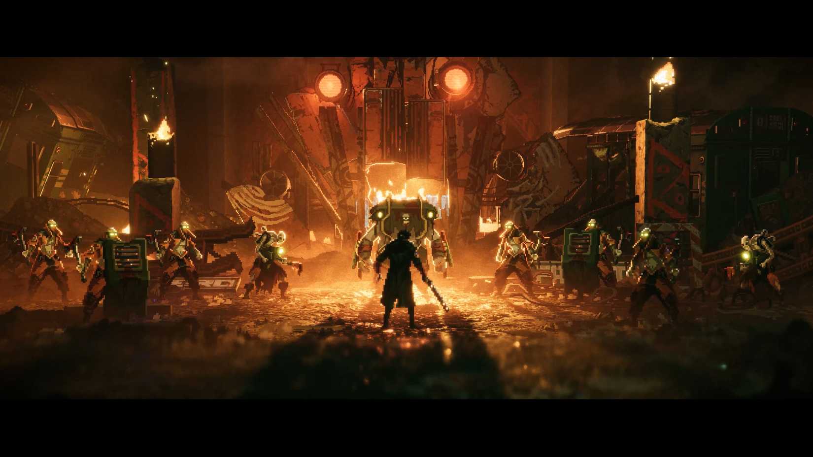 Reach holds a stun baton and confronts a pale hulking guy with blades strapped to his arms surrounded by other sickly looking guys with improvised weapons and shields